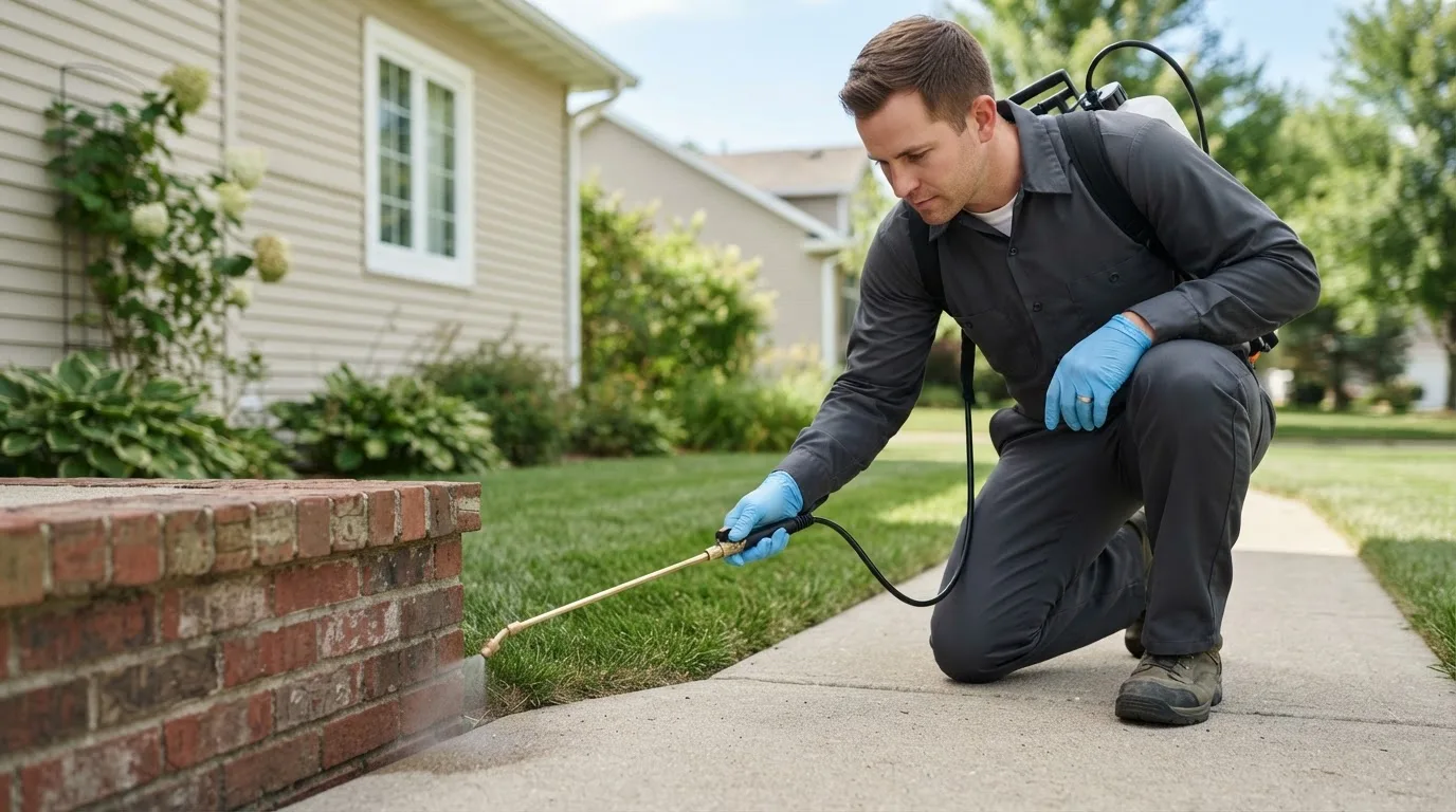 Pest control technician treating a home near Newark, NY