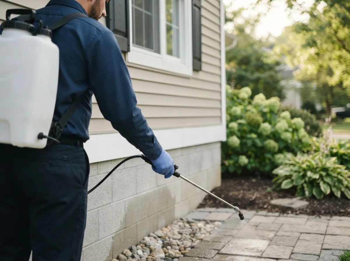 Pest control technician inspecting a home in Newark, NY